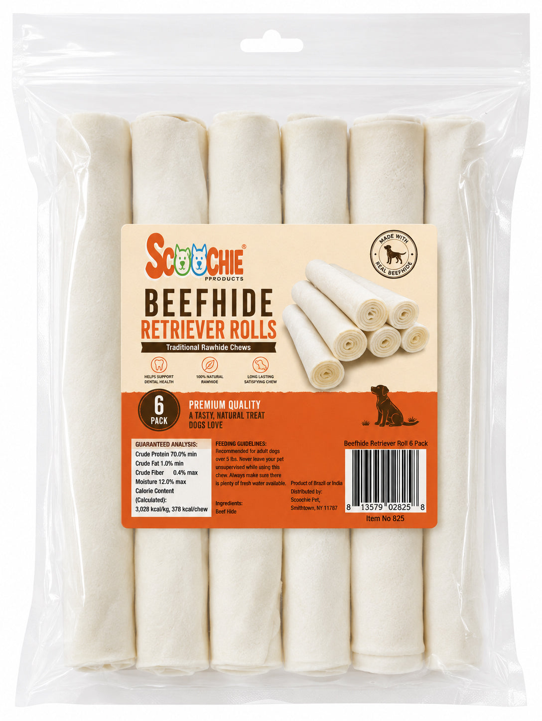 6 Pack Rawhide Rolls 10 Inch In A Printed Zip Lock, Peggable Full Color Bag With Window